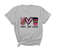 Peace Love Coffee Print Short Sleeved Round Neck T Shirt
