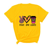 Peace Love Coffee Print Short Sleeved Round Neck T Shirt