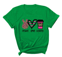 Peace Love Coffee Print Short Sleeved Round Neck T Shirt