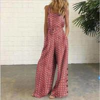 Cotton And Linen Printed Button Trim Suspenders Jumpsuit