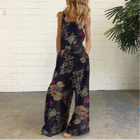 Cotton And Linen Printed Button Trim Suspenders Jumpsuit