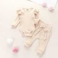 Two-piece Suit Of Solid Color Pit Strip Flying Sleeve Romper Crawling Suit Bow Trousers