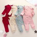 Two-piece Suit Of Solid Color Pit Strip Flying Sleeve Romper Crawling Suit Bow Trousers