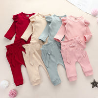 Two-piece Suit Of Solid Color Pit Strip Flying Sleeve Romper Crawling Suit Bow Trousers