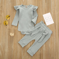 Two-piece Suit Of Solid Color Pit Strip Flying Sleeve Romper Crawling Suit Bow Trousers
