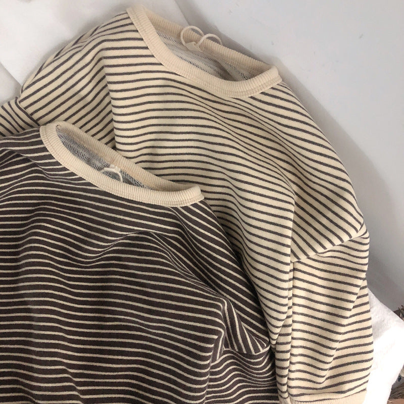 Boys And Girls T-Shirts With Striped Round Neck And Inner Bottoming Shirt Pullover Loose Loose