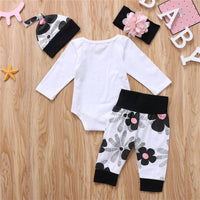 Long Sleeve Letter Print Romper Flower Bandana Hat Four-piece Set