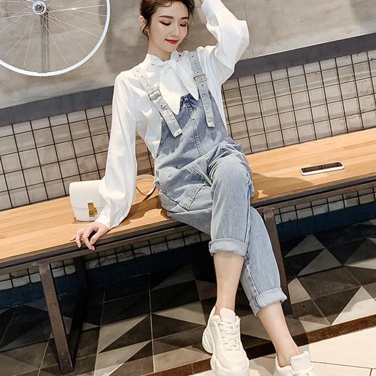 Spring New High-Waist Cropped Trousers Korean Style Loose Bf Wind Age-Reducing Daddy One-Piece Jeans