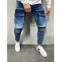 Men'S Denim Fabric Casual Sweatpants Zipper Big Pocket Hip Hop Jeans