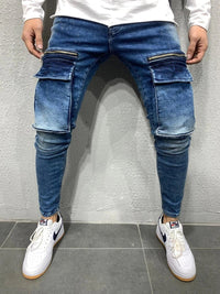 Men'S Denim Fabric Casual Sweatpants Zipper Big Pocket Hip Hop Jeans