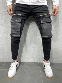 Men'S Denim Fabric Casual Sweatpants Zipper Big Pocket Hip Hop Jeans