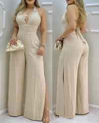 Beige Halterneck Lace Stitching Split Jumpsuit