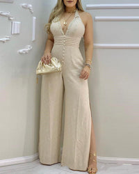 Beige Halterneck Lace Stitching Split Jumpsuit