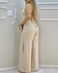 Beige Halterneck Lace Stitching Split Jumpsuit