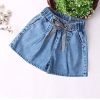 Girls Pure Color Lace Up Denim Shorts Children''s Versatile Casual Hot Pants