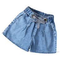 Girls Pure Color Lace Up Denim Shorts Children''s Versatile Casual Hot Pants