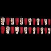 Red Color Leopard Print Ballet False Nails