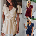 V-Neck Solid Color Lace-Up Women's Jumpsuit