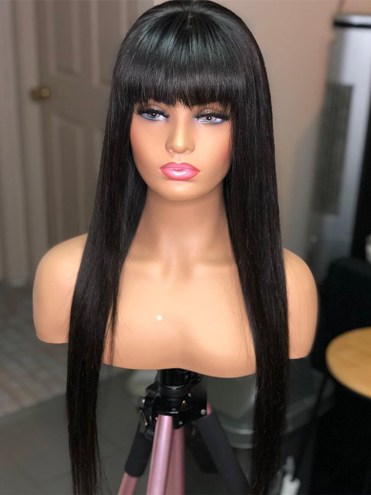 Brazilian Straight Black 100 Real Hair 30Inch Long Bangs Wig