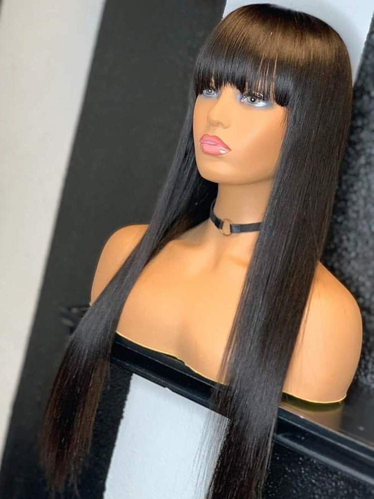 Brazilian Straight Black 100 Real Hair 30Inch Long Bangs Wig