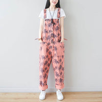 Korean Style Fashion Coconut Tree Bib Pants Plus Size Casual Pants Loose Print Three-Color In