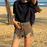 Leopard Print Jeans With Holes In The Frills, High Waist And Slim A-Line Shorts