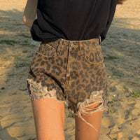 Leopard Print Jeans With Holes In The Frills, High Waist And Slim A-Line Shorts