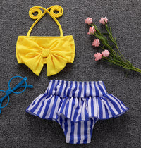 Split Bow Swimsuit   Striped Swim Trunks