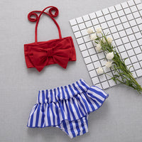 Split Bow Swimsuit   Striped Swim Trunks