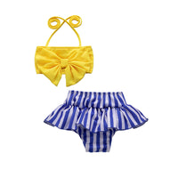 Split Bow Swimsuit   Striped Swim Trunks