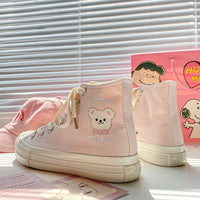 Soft Sister Pink Print Cute Bear High-Top Canvas Shoes Women