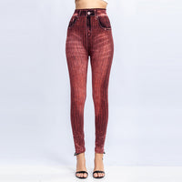Vertical Stripes Imi Tation Denim Leggings  Slim Hip Cropped Trousers