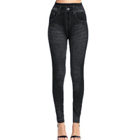 Vertical Stripes Imi Tation Denim Leggings  Slim Hip Cropped Trousers