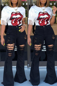 High-Waisted Retro Stretch Hip-Lifting Ripped Wide-Leg Flared Jeans