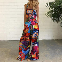 Cotton And Linen Printed Button Trim Suspenders Jumpsuit