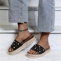 Wish Amazon New Slippers Women Summer New Fashion Rivets One Word Outside Wear Large Size Sandals And Slippers Women