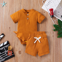 Spring Hot Style Children'S Five-Color Pit Strip Stand Collar Button Short Sleeve Two-Piece Suit