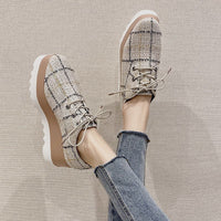 Popular Autumn New Women'S Low-Top Shoes Korean Fashion Casual High-Heeled Platform With Checkered Flannel Lace