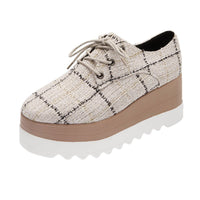 Popular Autumn New Women'S Low-Top Shoes Korean Fashion Casual High-Heeled Platform With Checkered Flannel Lace