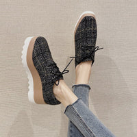 Popular Autumn New Women'S Low-Top Shoes Korean Fashion Casual High-Heeled Platform With Checkered Flannel Lace