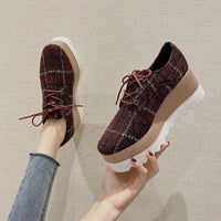 Popular Autumn New Women'S Low-Top Shoes Korean Fashion Casual High-Heeled Platform With Checkered Flannel Lace