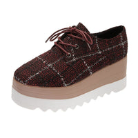 Popular Autumn New Women'S Low-Top Shoes Korean Fashion Casual High-Heeled Platform With Checkered Flannel Lace