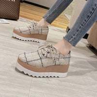 Popular Autumn New Women'S Low-Top Shoes Korean Fashion Casual High-Heeled Platform With Checkered Flannel Lace