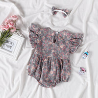 2-Piece Set Of Ruffles And Headband Jumpsuit With Ruffle Sleeves Printed Floral Baby Girl Summer Dress