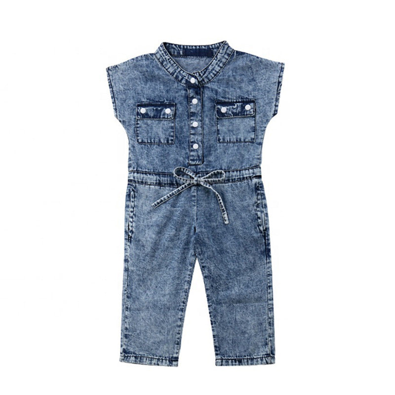 Short-Sleeved Girls Denim Jumpsuit For Kids In Summer Fashion Romper