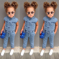 Short-Sleeved Girls Denim Jumpsuit For Kids In Summer Fashion Romper