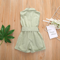 Multicolor Girls' Solid Lapel Sleeveless Single-breasted One-piece Shorts