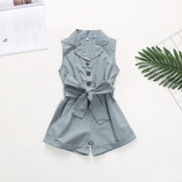 Multicolor Girls' Solid Lapel Sleeveless Single-breasted One-piece Shorts