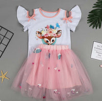 Girls Cartoon Print Short-sleeved T-shirt   Puffy Skirt