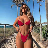 Cross-Border Hot Style Chain Bikini Sexy Plain Split Swimsuit European And American New Style Hot-Selling Pin Buckle Swimwear 76322